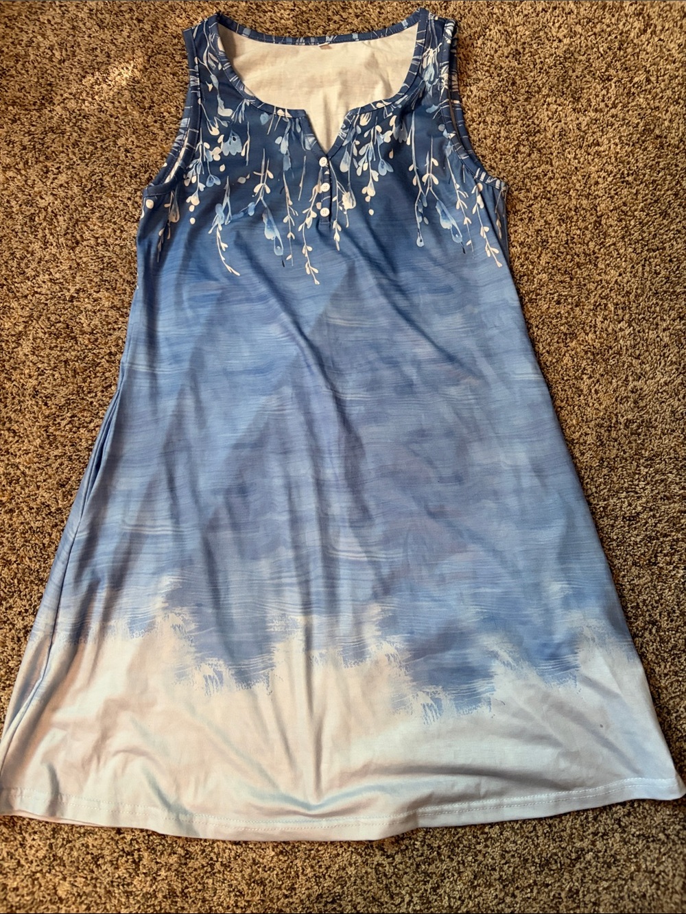 Sleeveless Blue Ombre Floral-Detail A-Line Dress